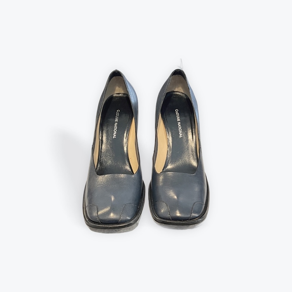 Costume National, Blue leather square-toe pumps with thin, wide 3.5” heel.